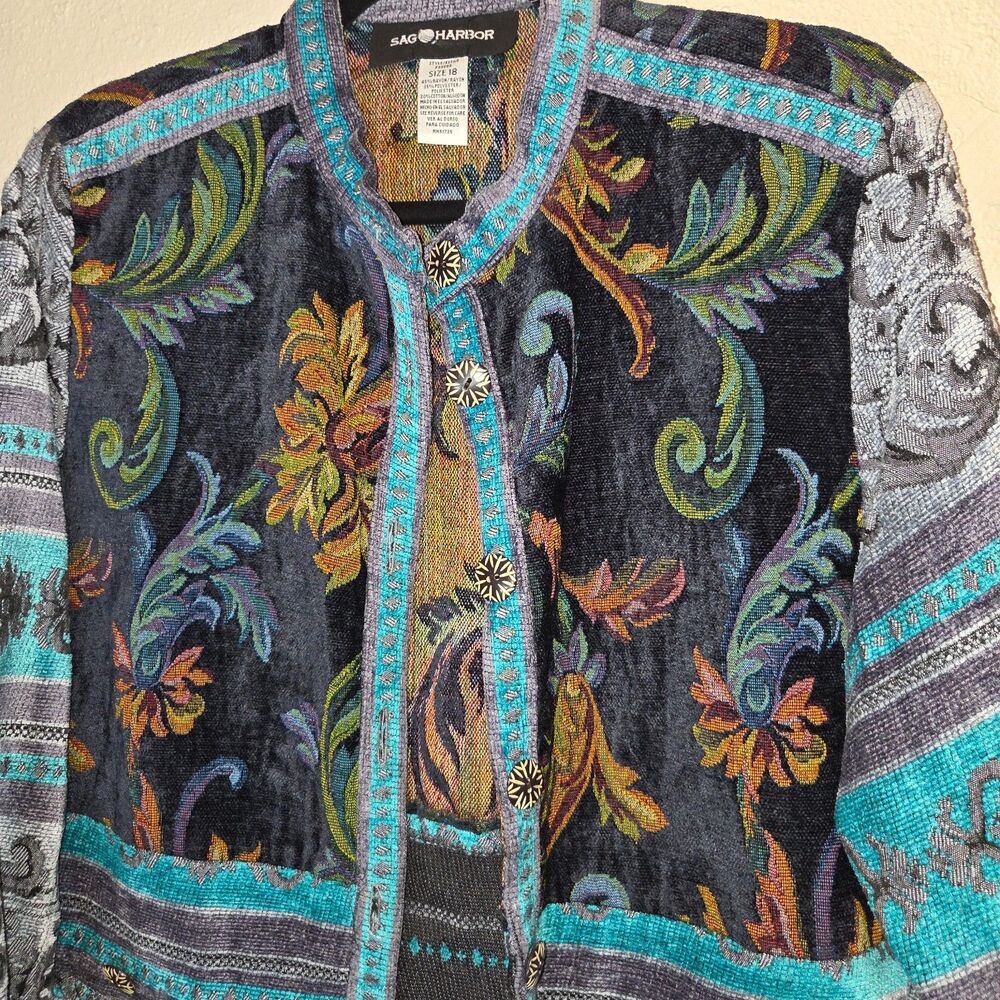 Vintage Sag Harbor Tapestry Jacket Boho Floral Paisley Open Front Cardigan